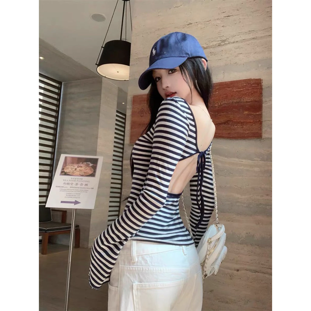 Áo hở lưng sọc tay dài buộc nơ sau lưng cho nữ siêu xinh