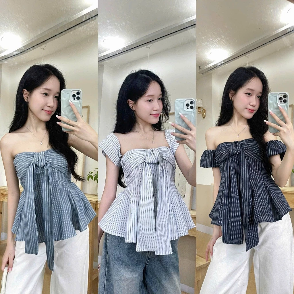 Áo kẻ thắt dây ngực chiết eo tay bo chun có cúc tháo rời IVORY TOP