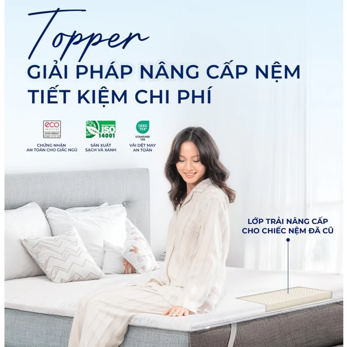 Nệm Topper Cao Su Thiên Nhiên Liên Á Bảo Hành 5 năm, Tăng Độ Êm Cho Nệm Cũ, Đạt Chuẩn ECO An Toàn