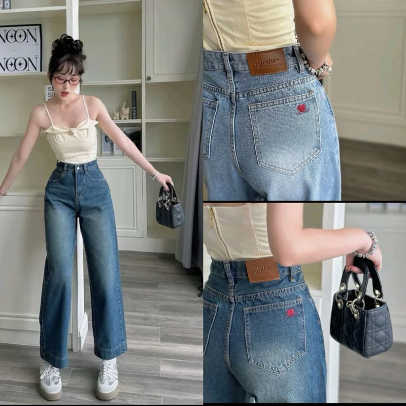 (Dài 95CM&103cm)- (S-XL) Quần Jean Nữ Ống Suông Nấm Lùn túi thêu tym nhỏ lai bản to, suông túi kiểu,quần jeans ống rộng