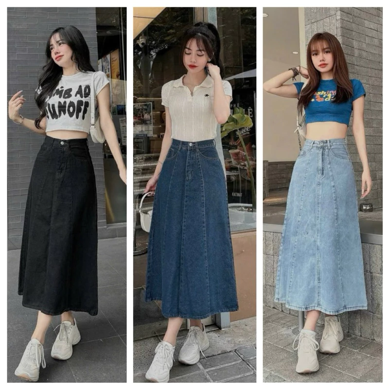 Chân váy Jean dáng dài xòe chữ A tôn dáng 4 màu phong cách Hàn Quốc