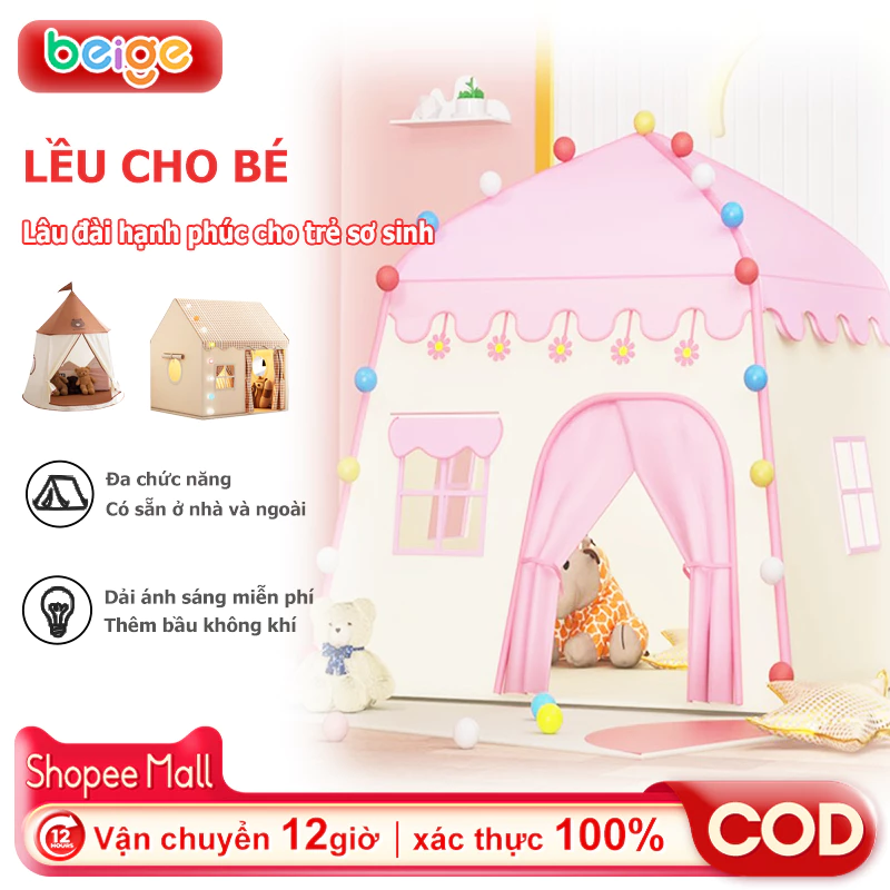 Lều cho bé Beige, Lều công chúa lều hoàng tử, vải dù siêu bền có tặng kèm đèn nháy trang trí