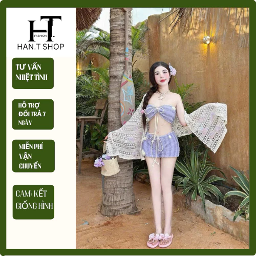 [ BKN 1016 ] Bikini thiết kế ba món REN SHORT đính hoa kèm khăn choàng ren nữ tính HAN.T SHOP