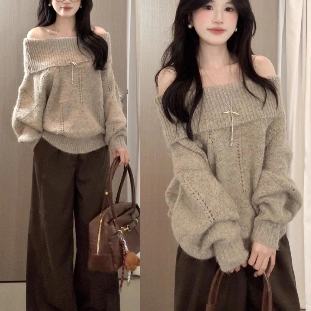 𝑶𝒏𝒊.𝑺𝒉𝒐𝒑_[SẴN GIAO LUÔN] Áo Len Trễ Vai Màu Nâu Bo Eo Siêu Tôn Dáng Mùa Đông