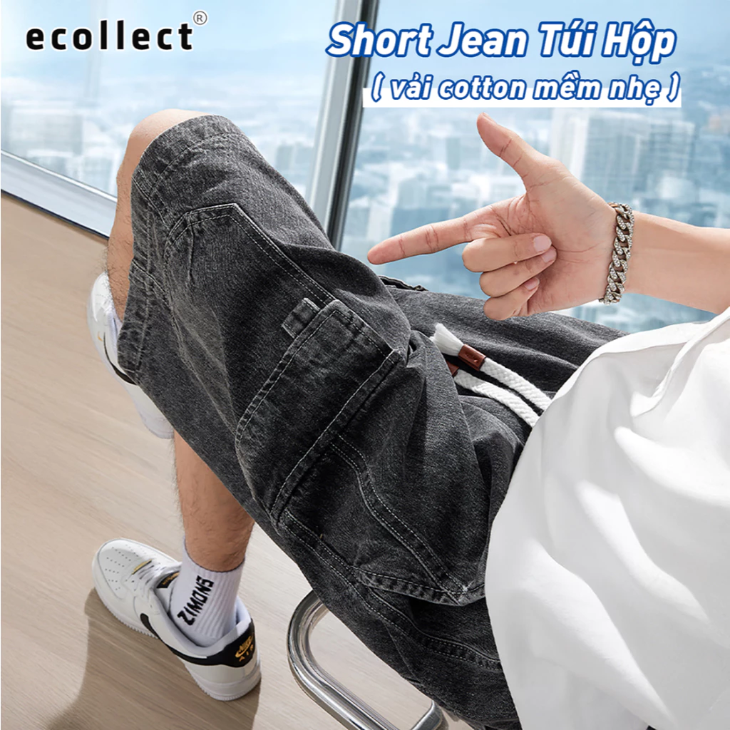 Quần Short Jean Nam Cargo ECOLLECT QS35 – Denim nhẹ thoáng, phom rộng ngang gối, dây rút tassel