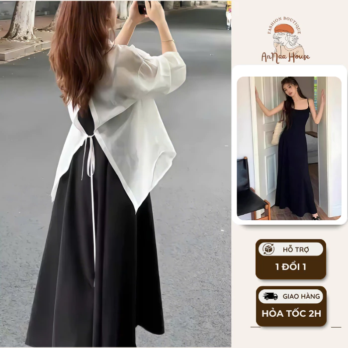 Váy 2 dây kèm áo khoác ANNA HOUSE váy body dáng dài Áo khoác voan mỏng oversize đến 80kg
