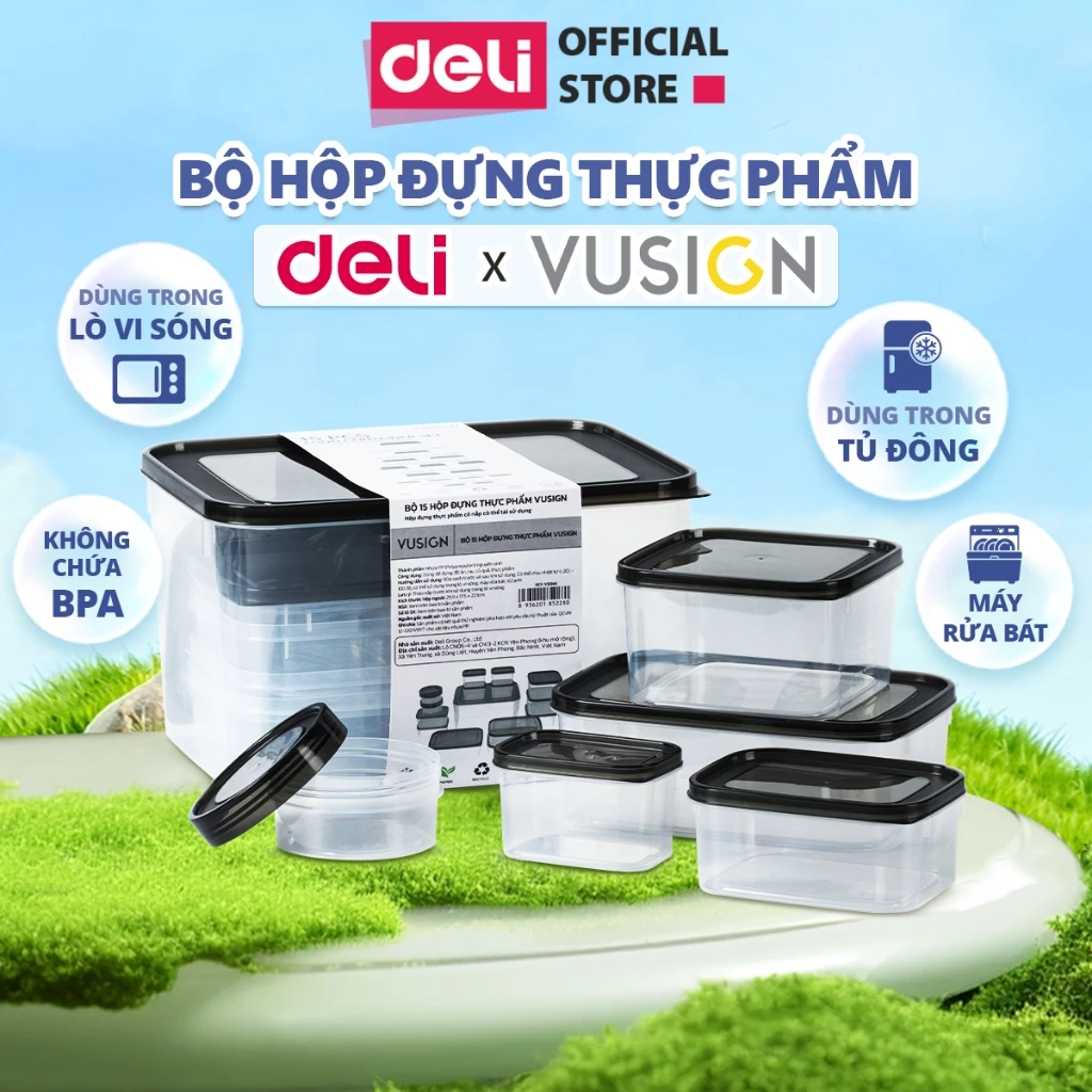 Bộ hộp 15 hộp đựng thực phẩm DELIxVUSIGN đủ size từ 250-8500ml dùng được cho lò vi sóng máy rửa bát an toàn