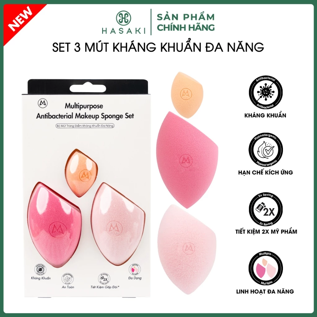 Bộ 3 Mút Tán Nền Trang Điểm Mastige Kháng Khuẩn Đa Năng Multipurpose Antibacterial Makeup Sponge Set Hasaki Chính Hãng