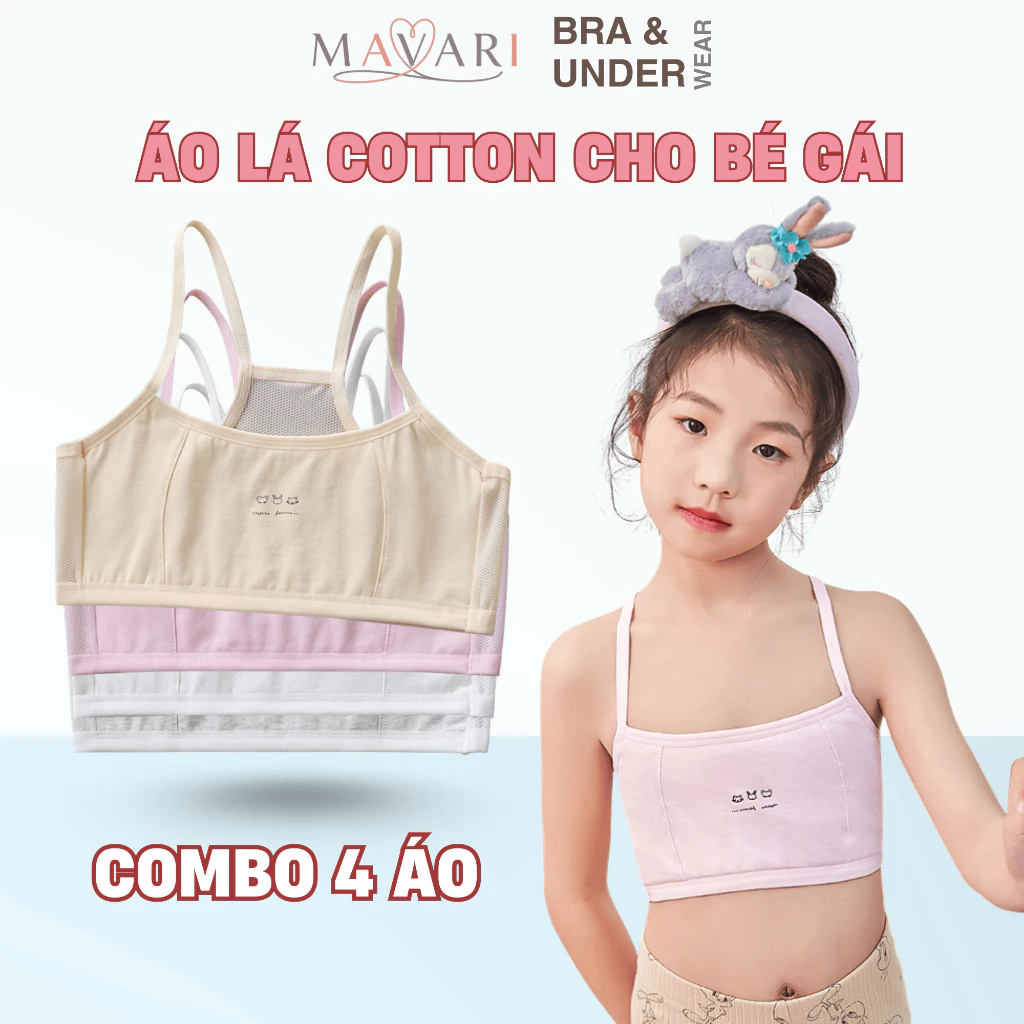 Combo 4 Áo Lá Bé Gái Cotton 2 Lớp Phối Lưới Thoáng Mát - Áo Lót Nữ Học Sinh Đệm Bông Mềm AMYBRA A108