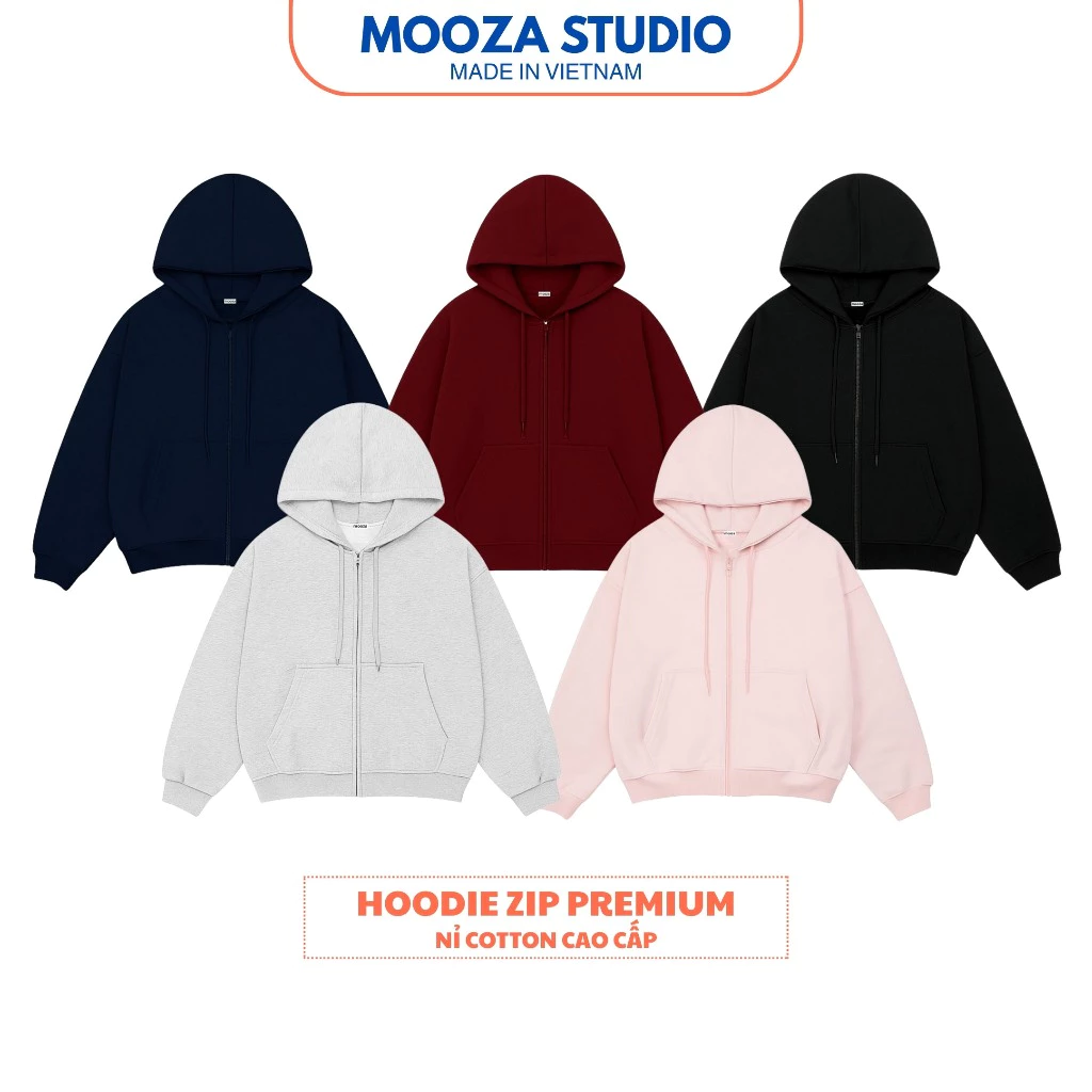 Áo Hoodie Zip Trơn Form Boxy Âu Mỹ Nỉ 2 Da Có Túi Trong Mooza Studio Dành Cho Nam Nữ Local Brand/Basic