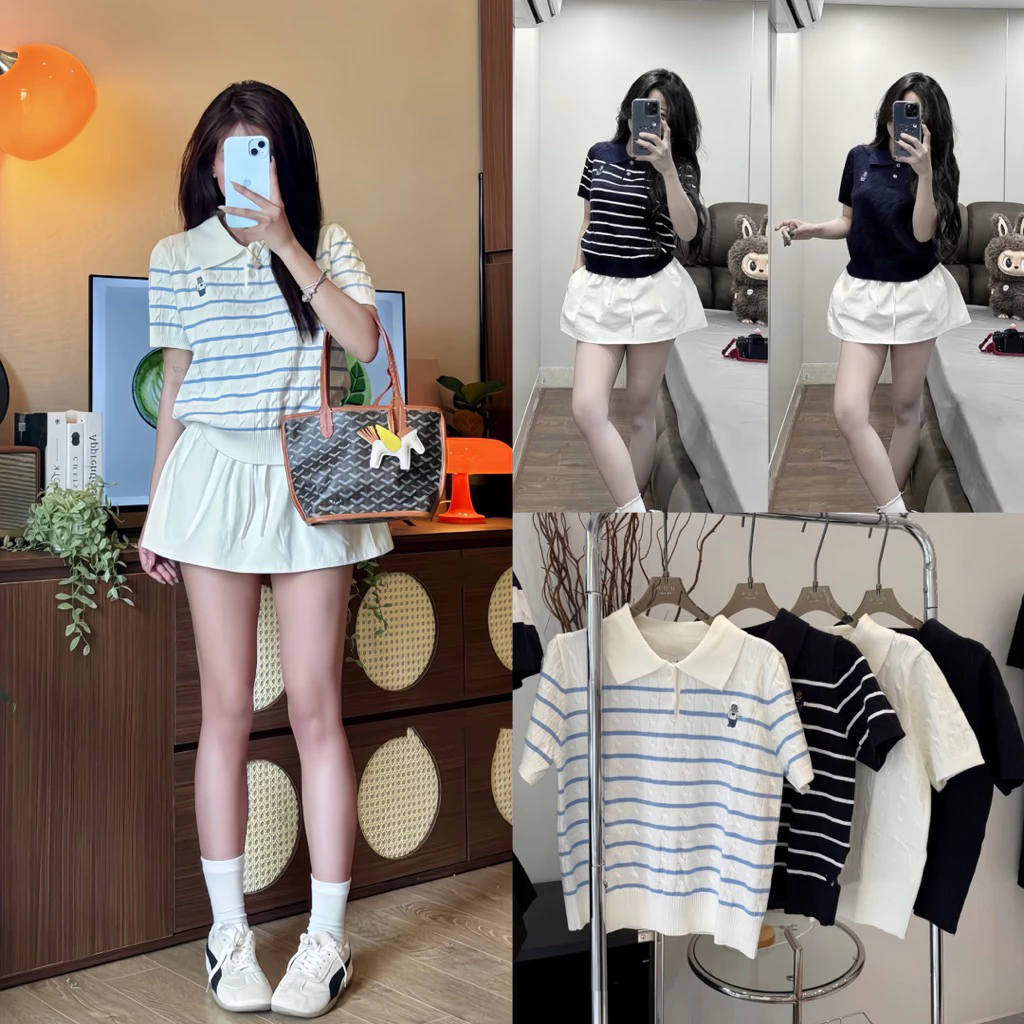 (HÀNG QC LOẠI ĐẸP CÓ SẴN) Áo len nữ ngắn tay CỔ BẺ POLO THÊU GẤU vặn thừng MỀM MẠI phù hợp đi học, đi làm, đi chơi