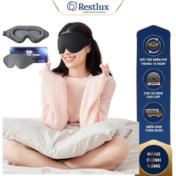 Bịt Mắt Ngủ 3D Cao Cấp RESTLUX Khăn Bịt Mắt Thoáng Khí Có Dây Điều Chỉnh Không Tạo Áp Lực Cho Mắt Chắn Sáng 99% - RBM01