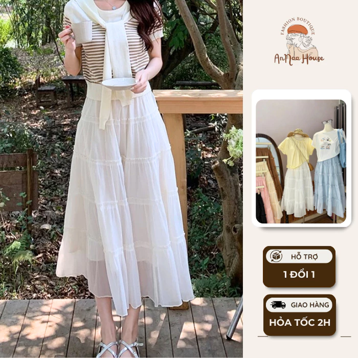 Chân váy dài bèo 5 tầng chất voan tơ mềm dáng xòe 2 lớp, Chân váy midi xếp ly dài nàng thơ, Annaa House