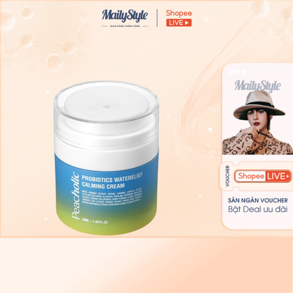 M45_ Kem đêm dưỡng ẩm phục hồi lợi khuẩn ngải cứu Peacholic Waterlief Calming Cream 50ml (BAO BÌ MỚI)