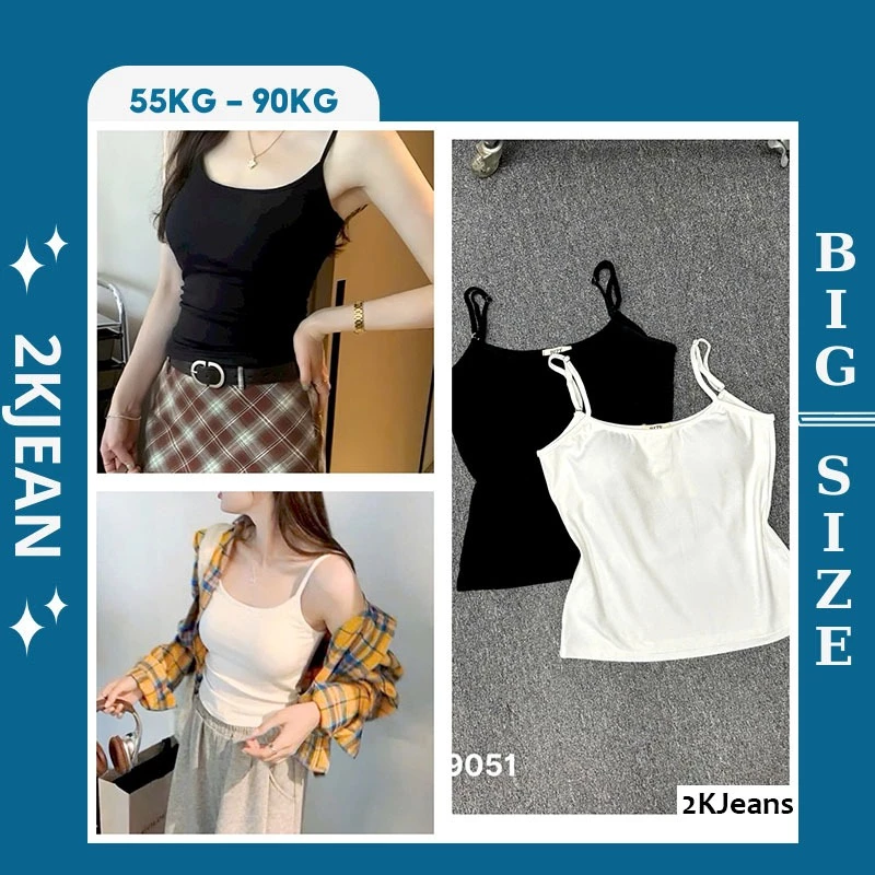 Áo thun nữ 2 dây có mút ngực form dáng ôm, Áo thun chất borip lụa co giãn 4 chiều Bigsize 2KJeans AT9051