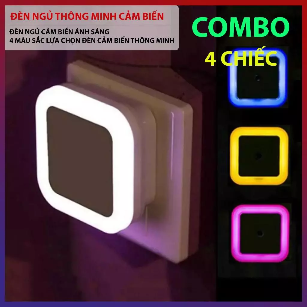 Combo 4 Đèn Ngủ Thông Minh Cảm Biến Ánh Sáng Có 4 Màu Sắc, Đèn Cảm Biến Bật Tắt Theo Ánh Sáng
