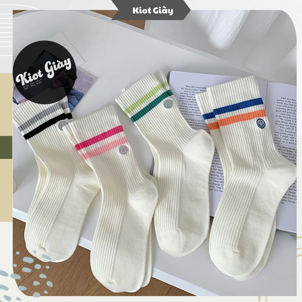 Tất vớ cao cổ nữ màu trắng kem kẻ sọc hình mặt cười - Style Hàn Quốc cá tính thời trang