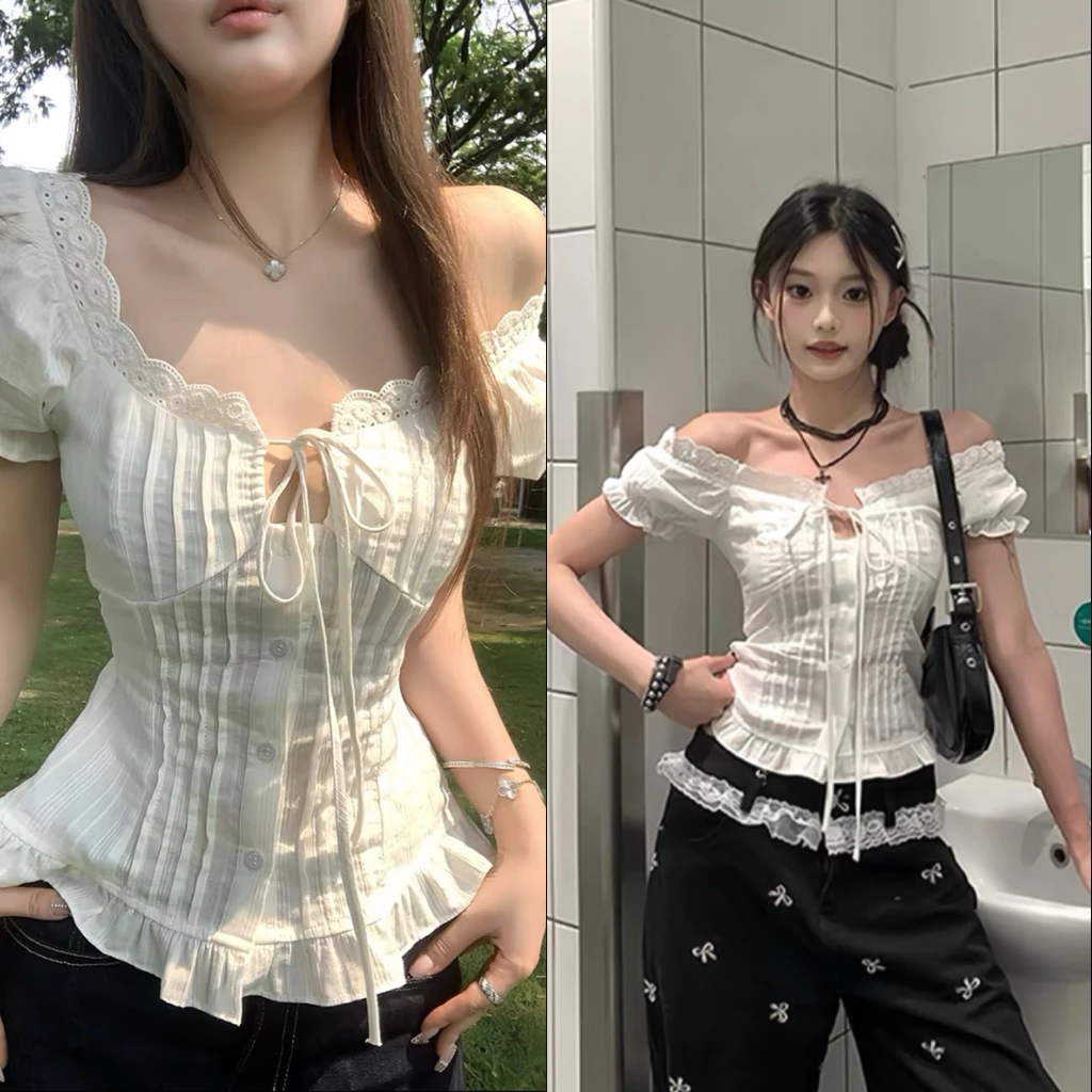 Áo Sơ Mi Trắng Tay Bồng Chít Eo Tôn Dáng, Áo Kiểu Nữ Phóo Ren Kèm Nơ Phong Cách Pháp Mặc Mùa Hè, Đi Chơi, Đi Học