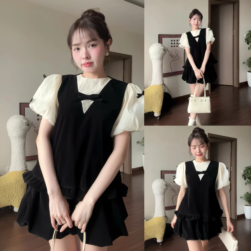 Set bộ áo tay bồng đính nơ dáng ngắn dành cho nữ phong cách Hàn Quốc kèm chân váy bí có quần bảo hộ dilyshop - M127