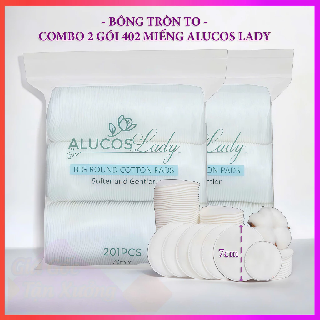 [Combo 2 gói 402 MIẾNG] Bông tẩy trang Tròn To Alucos Lady 201 miếng/gói