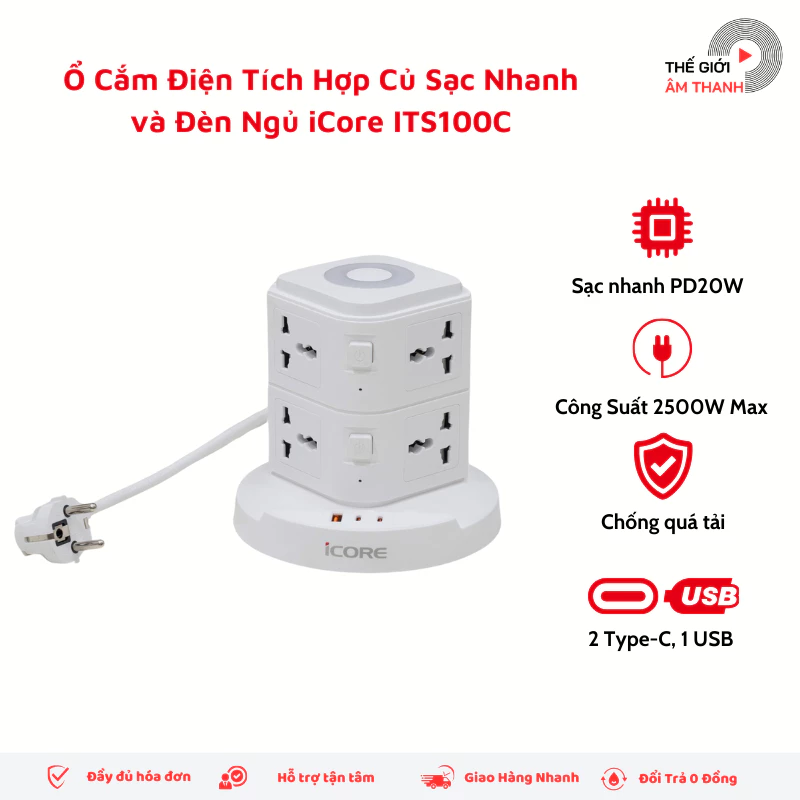 Ổ Cắm Điện Tích Hợp Củ Sạc Nhanh Và Đèn Ngủ iCore ITS100C - THẾ GIỚI ÂM THANH