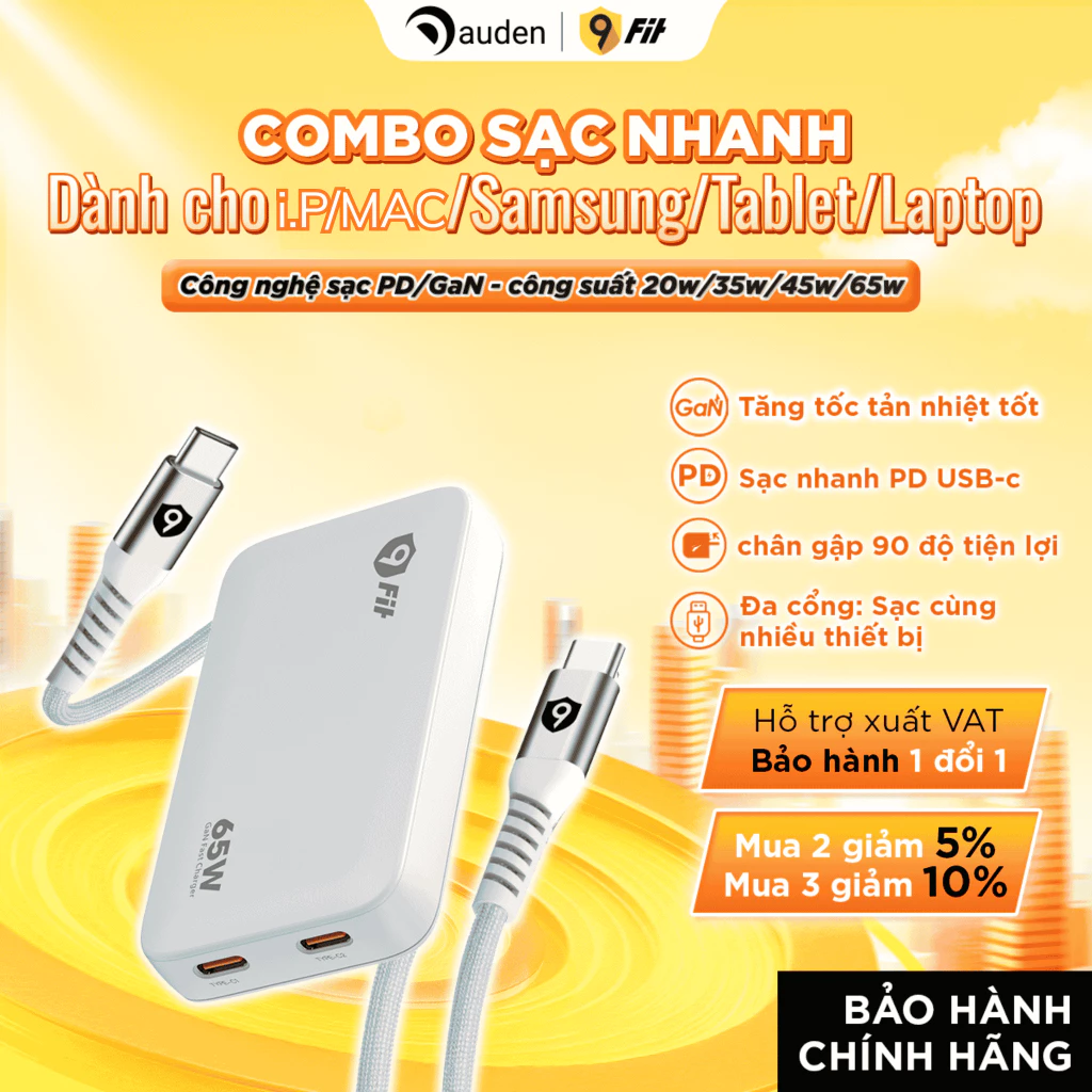 Củ Sạc 9FIT Slim PD 2C GaN sạc điện thoại/laptop/máy tính bảng, sạc nhanh 45W/65W - Hàng chính hãng