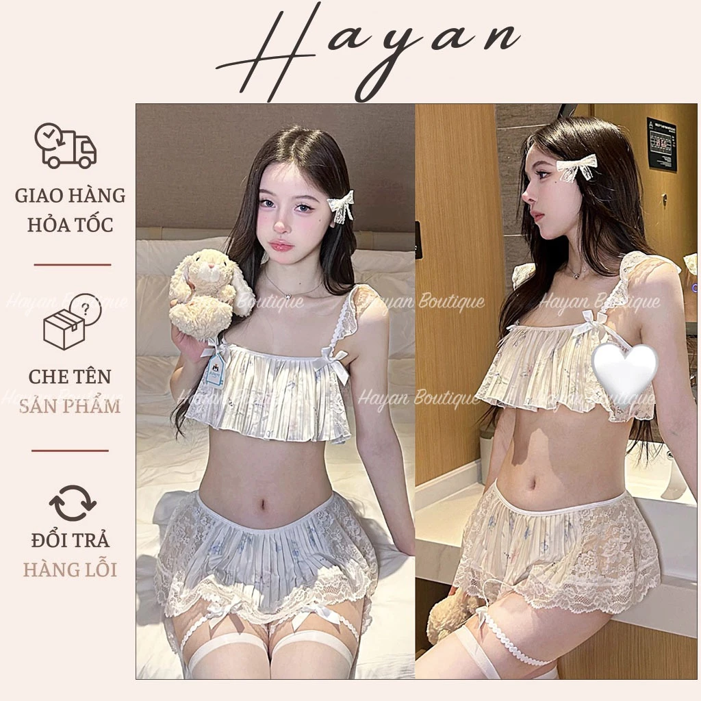 HT227 Bộ ngủ sexy 2s phối ren croptop tôn dáng,đồ ngủ lụa hoa nhí HT227