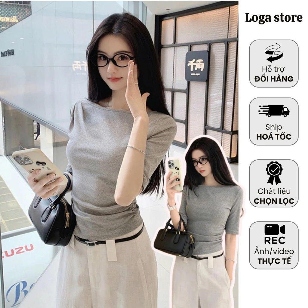 Áo thu đông dài tay nhún eo tôn dáng , Áo thun tay lỡ nhún eo co dãn theo thân Logastore_L0115