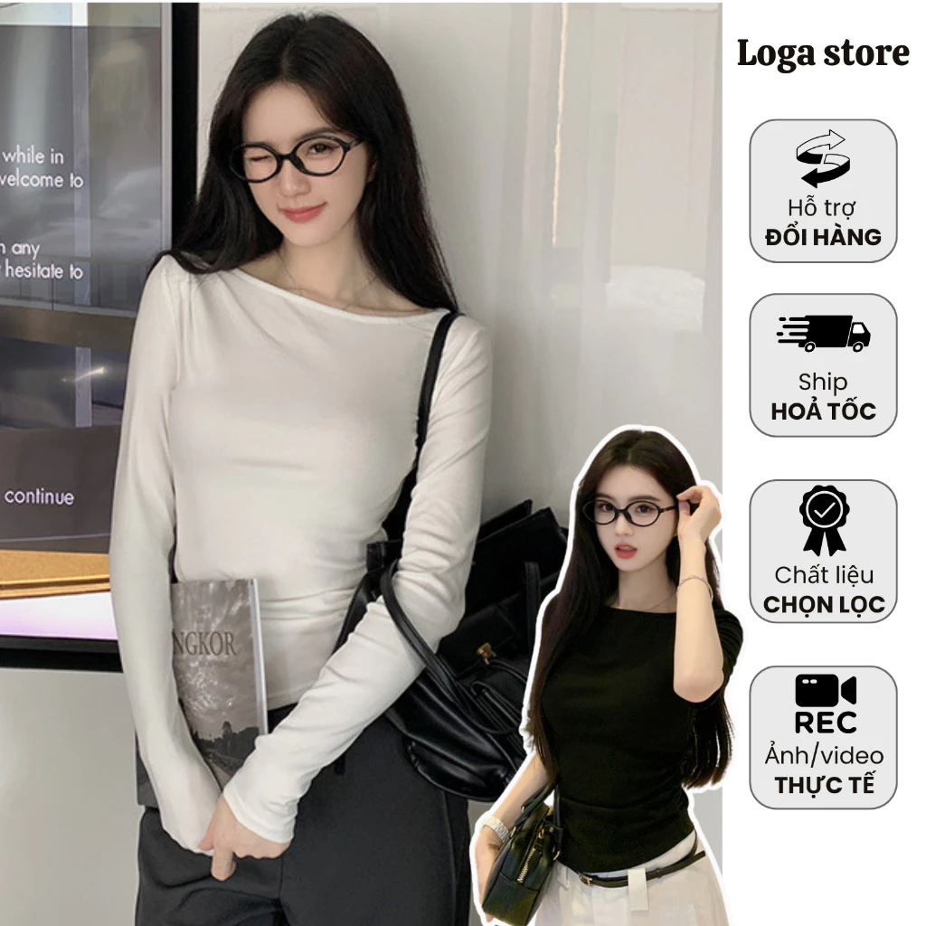 Áo thun dài tay nhún eo tôn dáng, Áo thu đông thiết kế tay lửng nhún eo 3 màu đen, trắng, xám Logastore_L115