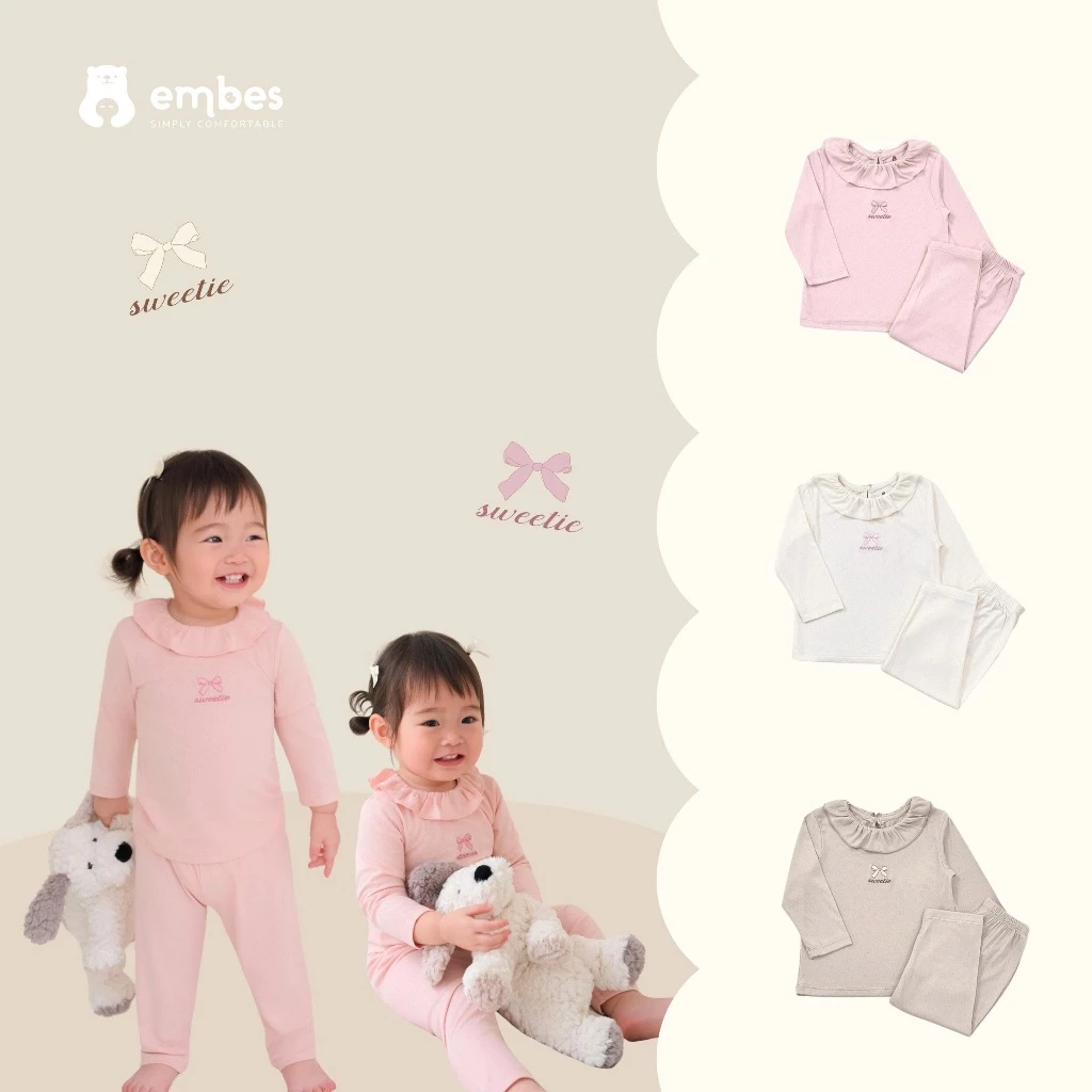 Đồ Bộ Bé Gái Embes, Bộ Dài Tay Bé Gái Phối Cổ Bèo Ngực Thêu Nơ Chất Thông Hơi Cho Bé Size Từ 8-18Kg