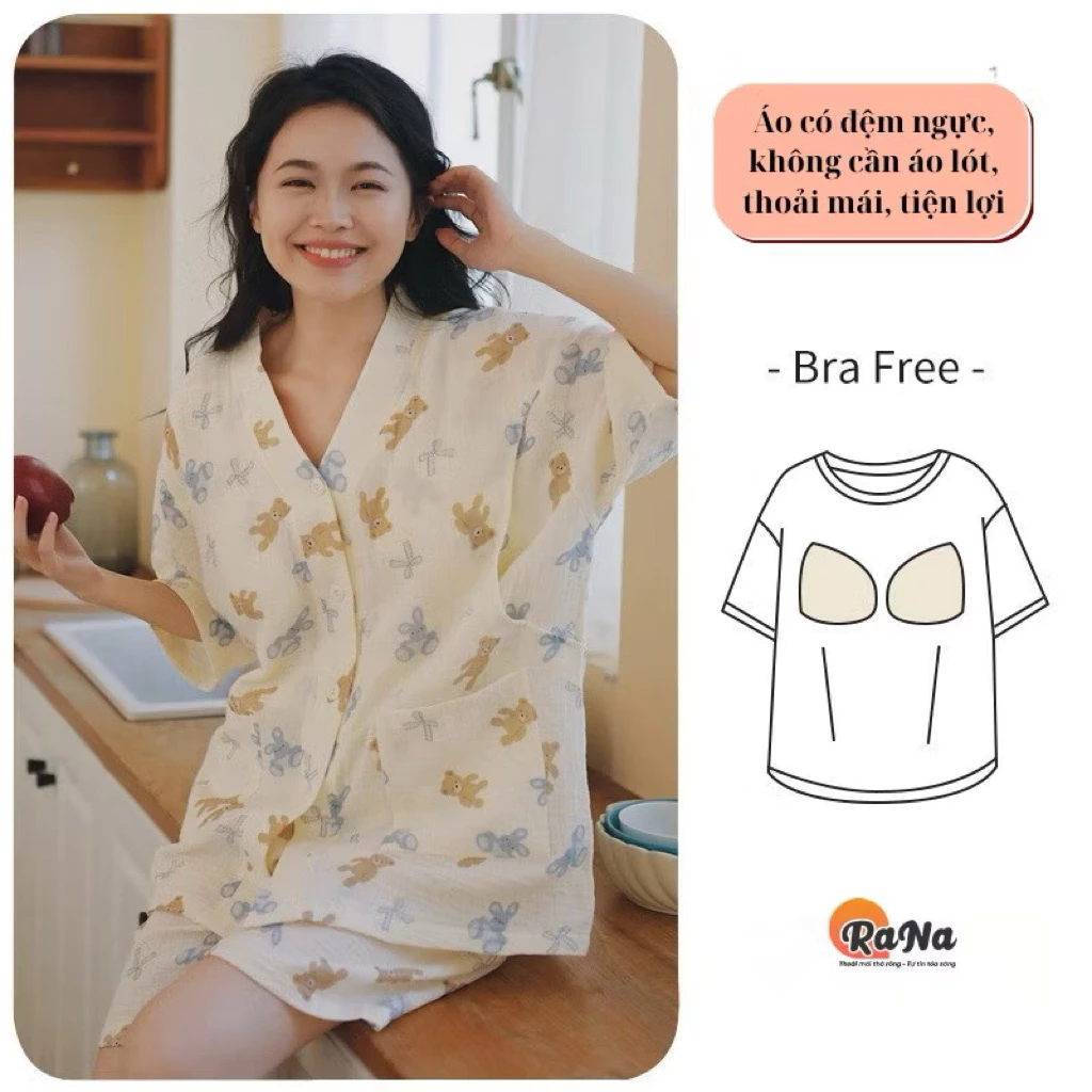 Bộ ngủ pyjama Rana có chỗ cho con bú áo đệm ngực quần có dây rút điều chỉnh có thể mặc suốt thai kỳ và sau sinh