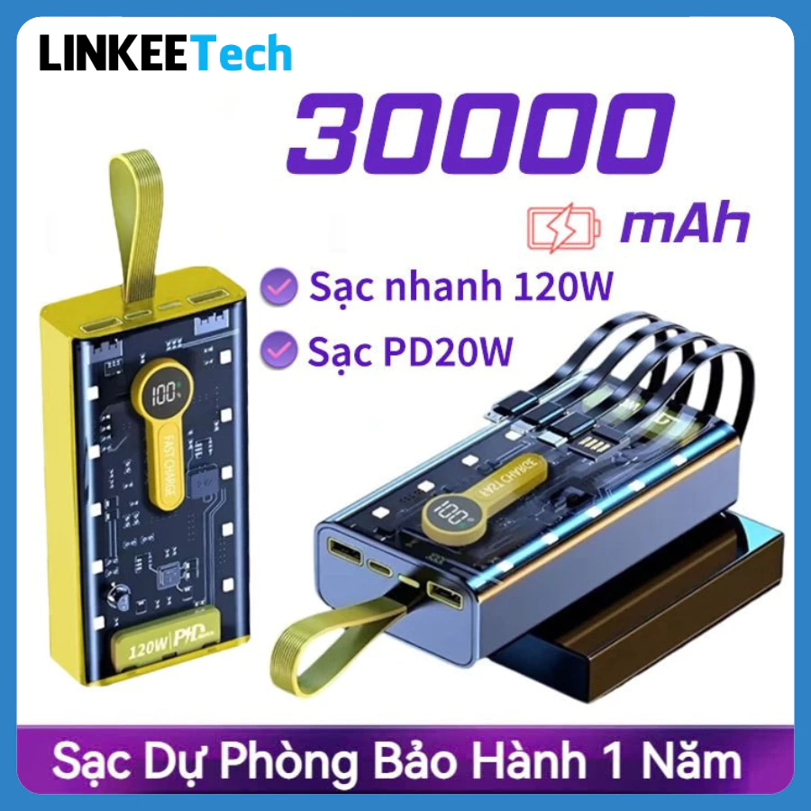 Sạc dự phòng 50000mah trong suốt sạc nhanh PD 120W tích hợp 4 dây sạc tích hợp đèn led chiếu sáng