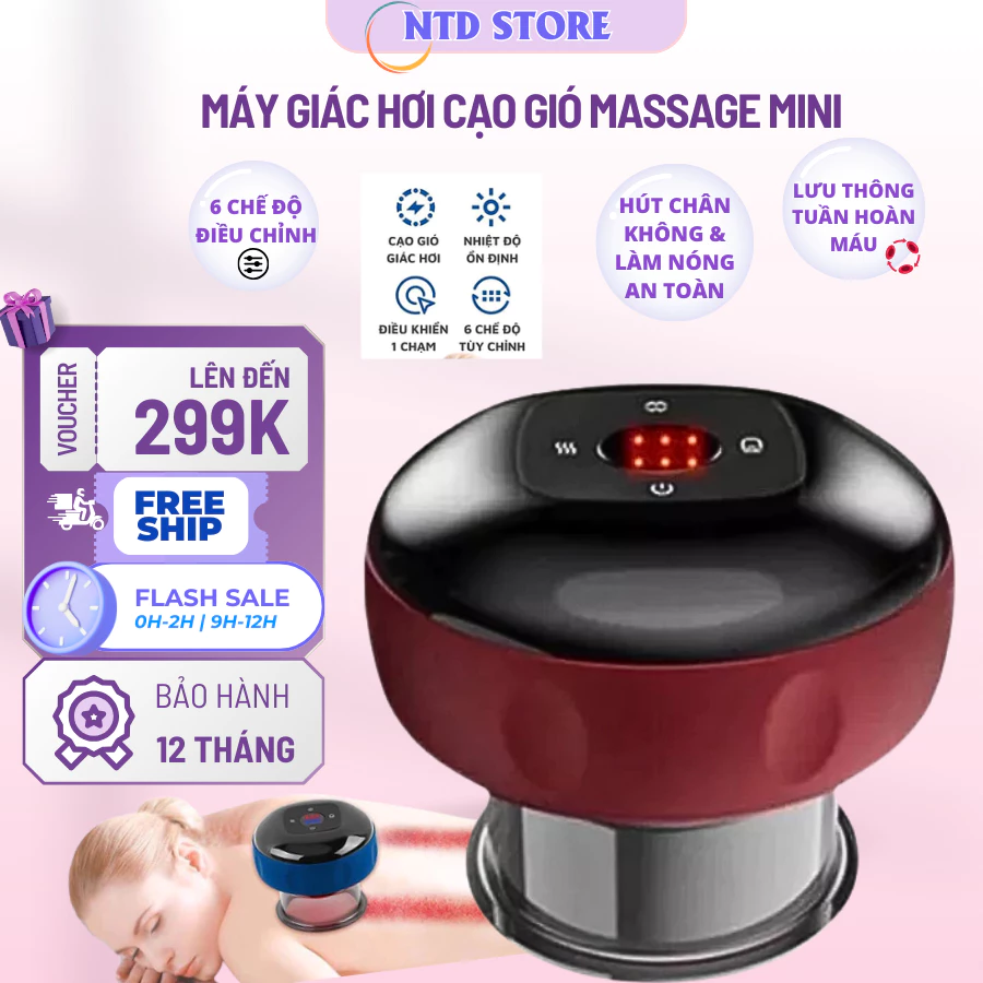 Máy giác hơi cạo gió massage thông minh không dùng lửa, máy giác hơi điện mini 6 cấp độ giảm đau, tăng tuần hoàn máu