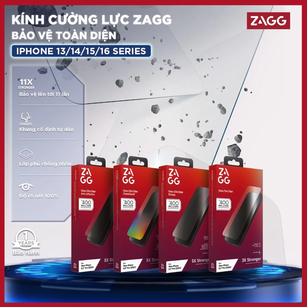 [iPhone 17/16/15/14/13] Kính cường lực ZAGG các loại: trong suốt, nhám, chống nhìn trộm, bảo vệ mắt, XTR