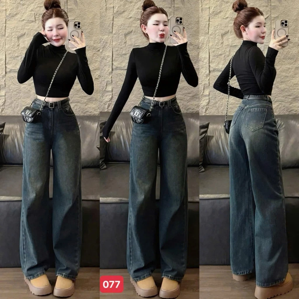 Quần Jean Nữ Suông Lưng Cao, Quần Baggy Jean Nữ Trơn chất bò mềm mại thời trang trẻ trung - MQ077
