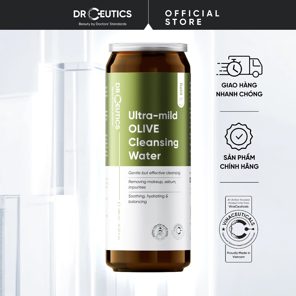 DRCEUTICS REFILL TẨY TRANG OLIVE – DẠNG NƯỚC & SỮA | TIẾT KIỆM – DỊU NHẸ, PHÙ HỢP MỌI LOẠI DA (480ml)