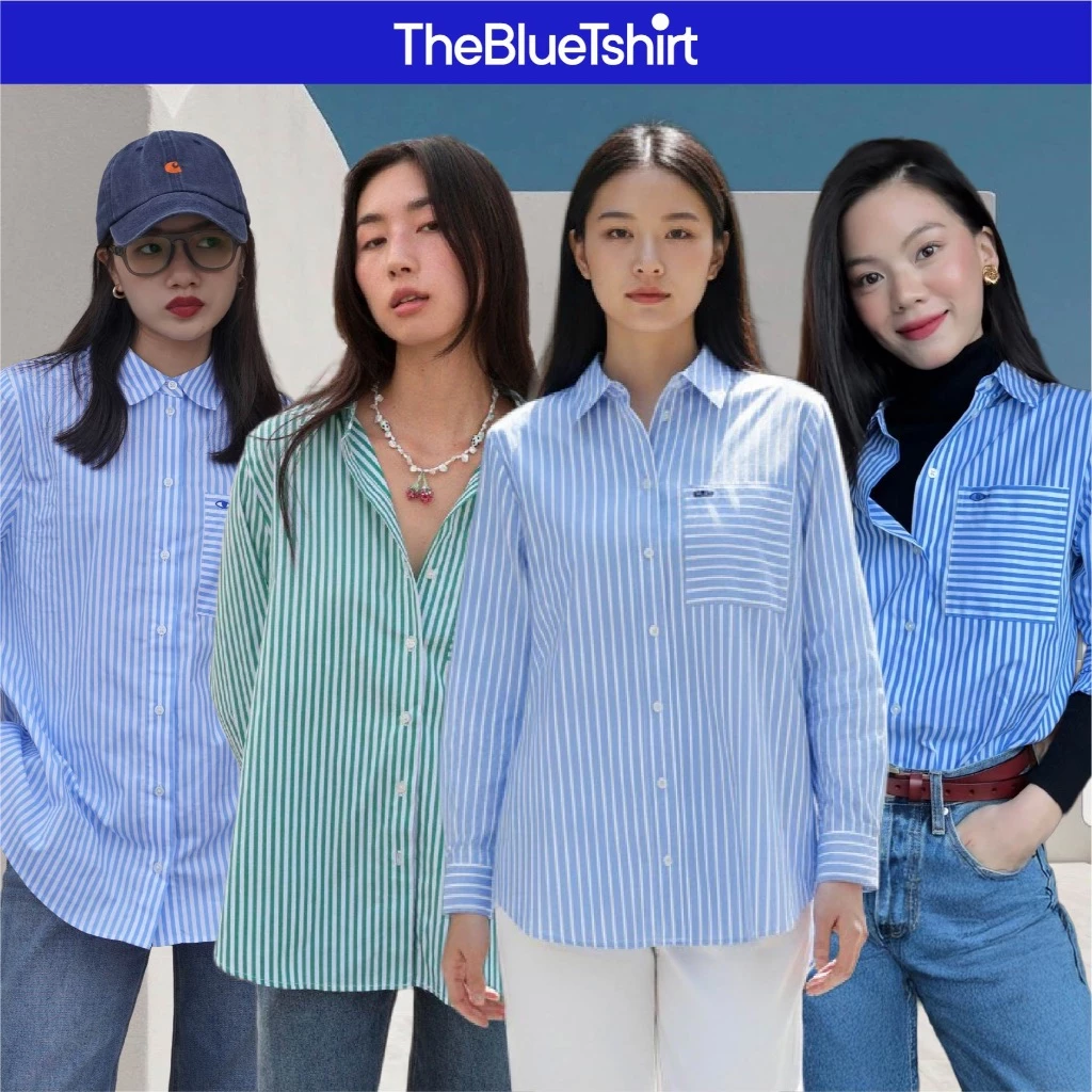 TheBlueTshirt - Áo sơ mi kẻ sọc dài tay phom rộng cho nữ - New Pocket Oversize Shirt - Women