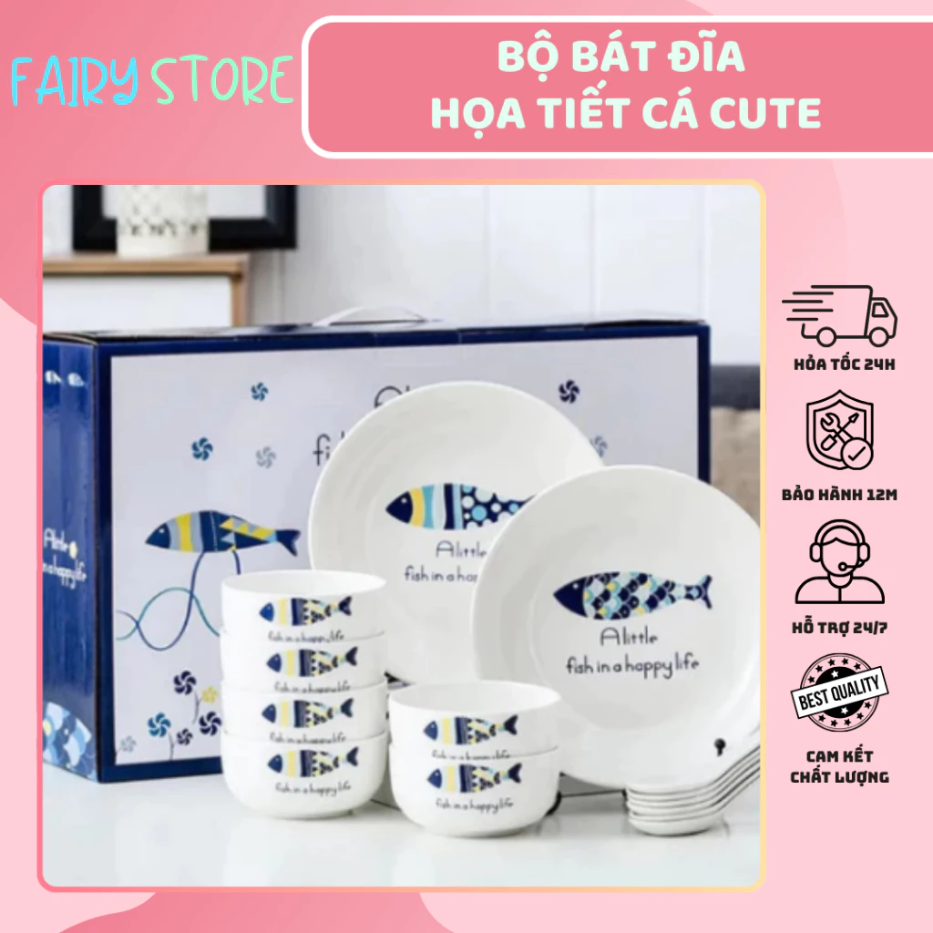 Bộ Bát Đĩa Họa Tiết Cá Cute Hoa Văn Đẹp Phong Cách Ngộ Nghĩnh Giá Tốt - 6 bát sứ và 3 đĩa sứ cao cấp