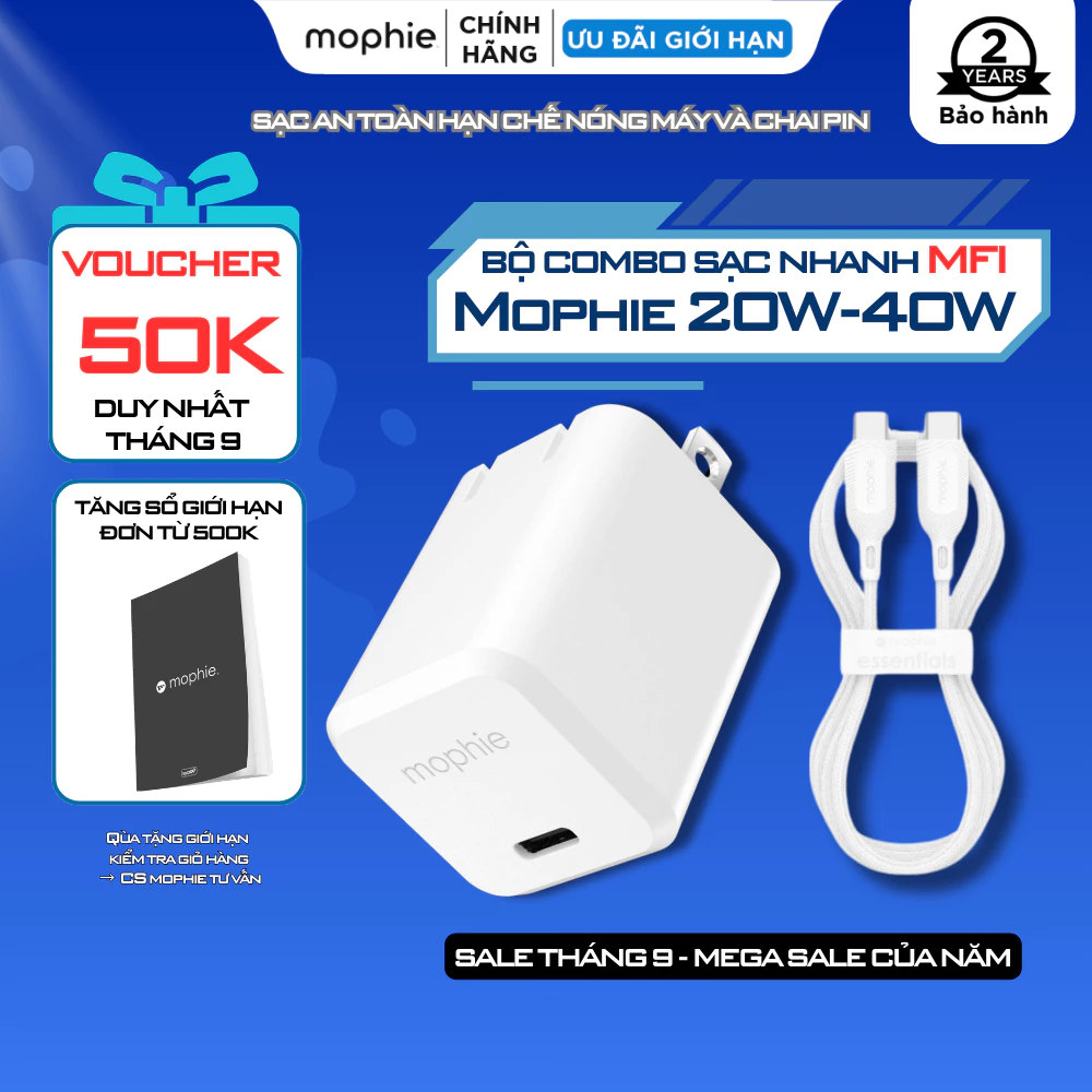 [20W-40W CtoC] Mophie Combo Sạc Nhanh PD dành cho ip 17-15 series Hạn chế chai pin và nóng máy - Bảo hành 2 năm