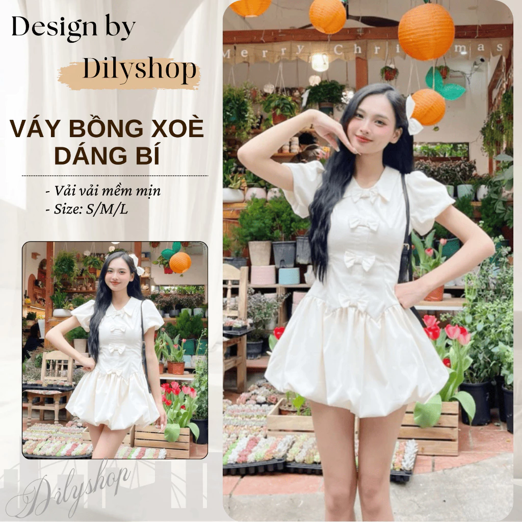 Váy bồng xoè dáng bí thường mặc dáng ngắn đính nơ tay bồng kèm quần bảo hộ dilyshop - V89