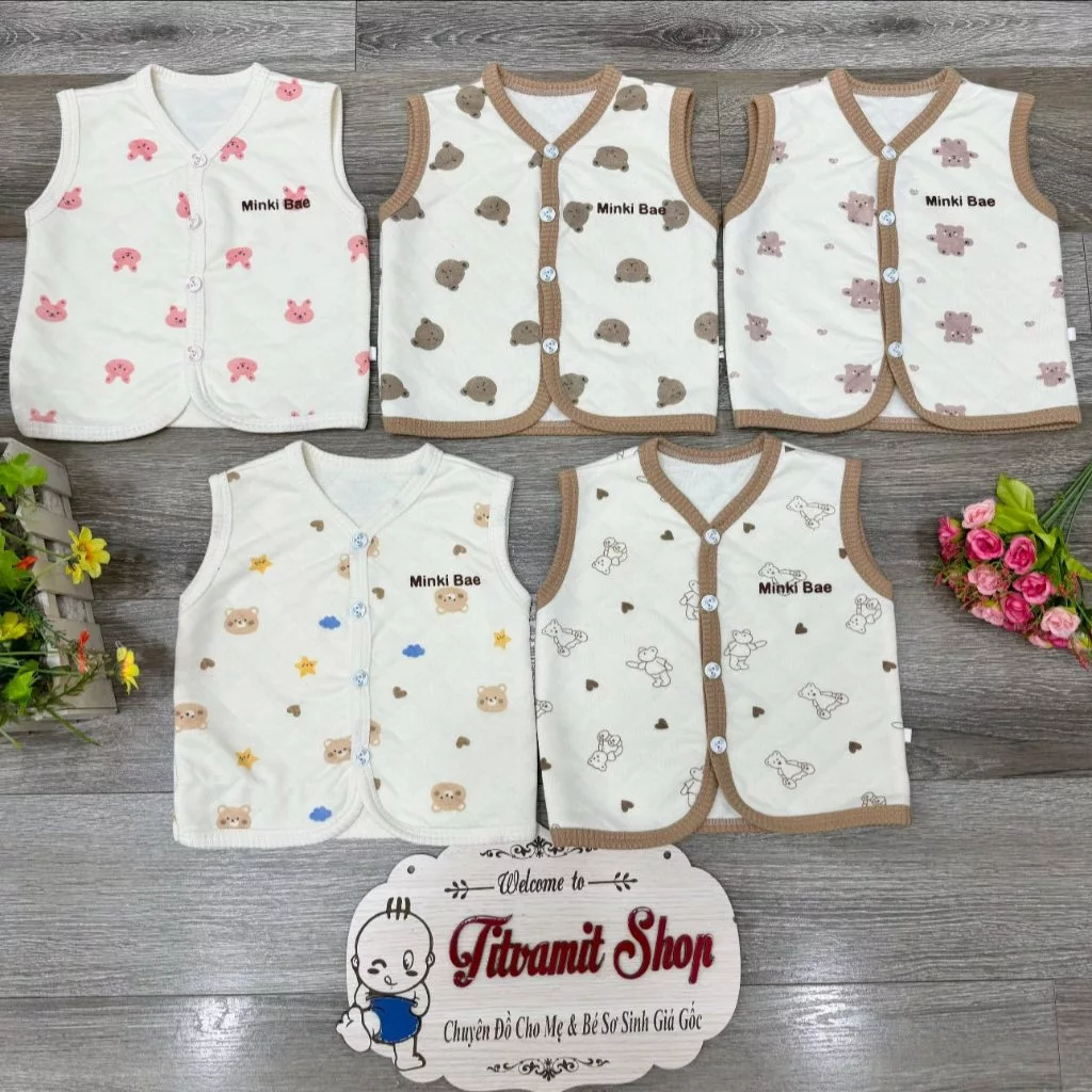 Áo gile MinkiBae vải trần bông hoạ tiết mặc thu đông cho bé