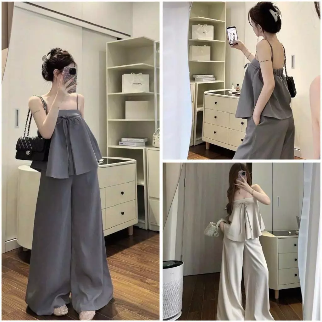 Sét bộ áo dây tùng babydoll nơ dây phối quần ống rộng trẻ trung_SBNT_0793