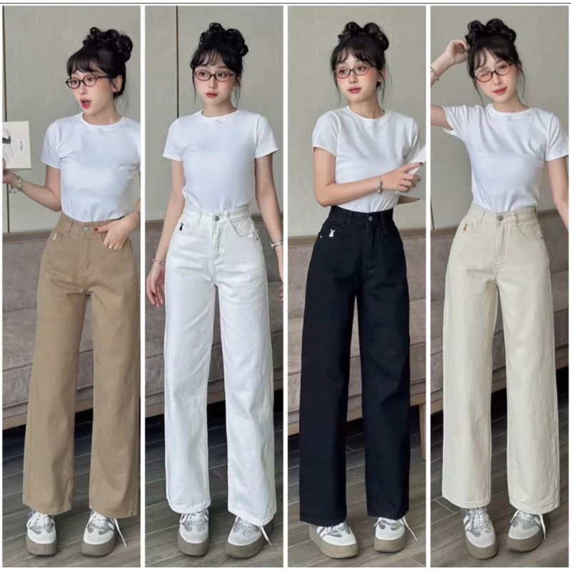 (Suông 95cm&103cm)-(XS-XL) Quần Suông Jeans Kaki Ống Suông Thêu Thỏ Cạp Cao Có Suông Nấm Lùn 95cm