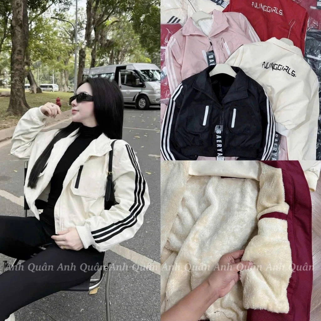 Áo Khoác Gió Nữ 2 Lớp Lót Lông Dày Dặn Kẻ Sọc Thể Thao Dáng Croptop,Kháng Nước,Cản Gió-MLL