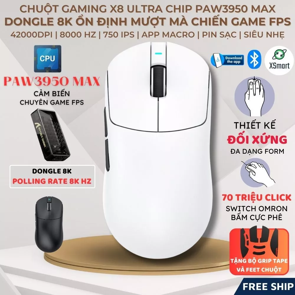 Chuột Gaming Không Dây Attack Shark X8 Ultra Chip PAW3950MAX, DPI 42.000, Dongle 8KHz, Switch Omron