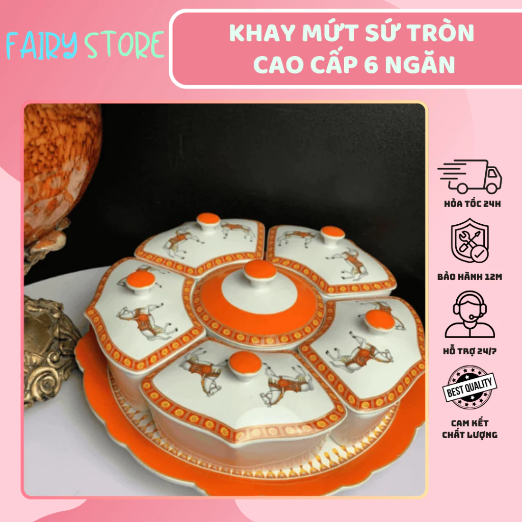Khay Mứt Sứ Tròn Cao Cấp 6 Ngăn Họa Tiết Vân Đá Sang Trọng, Phù Hợp Lễ, Tết, Tiệc Cho Mọi Gia Đình
