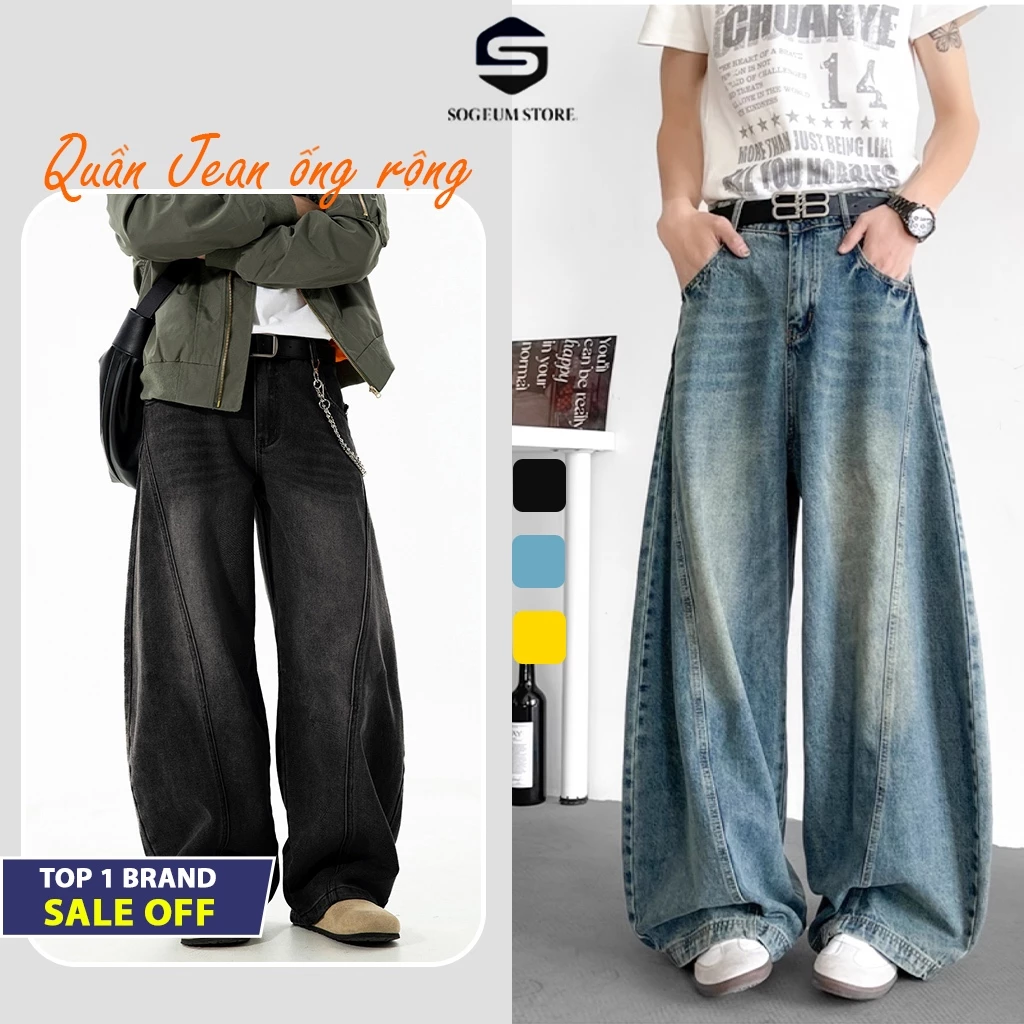 Quần Jean Bò Nam Nữ Unisex suông ống rộng baggy dáng phối đường viền nối thân cong size S-XXL Sogeum.Store