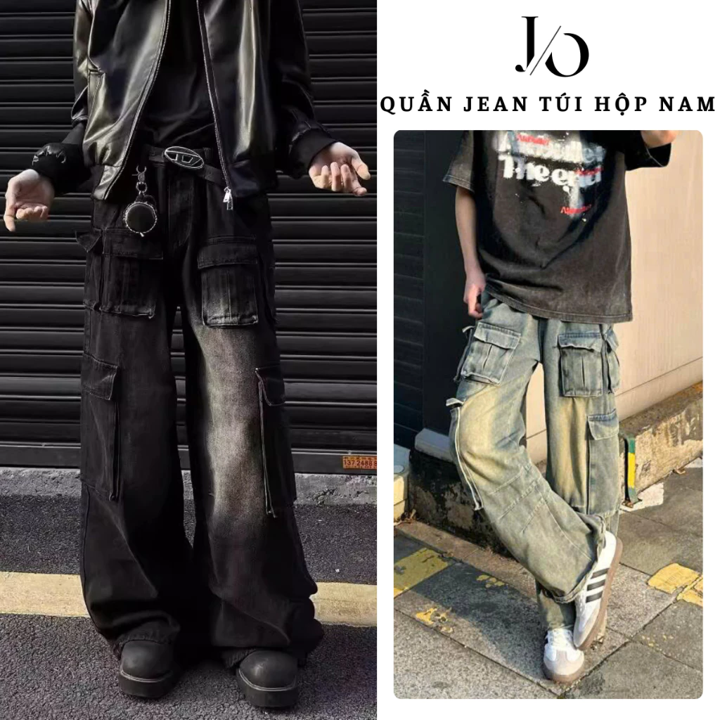 Quần Jean Nam Đen Wash RetroTÚI HỘP Ống Rộng Chất Jean Denim Unisex Lưng Cao Form Rộng Dáng Dài