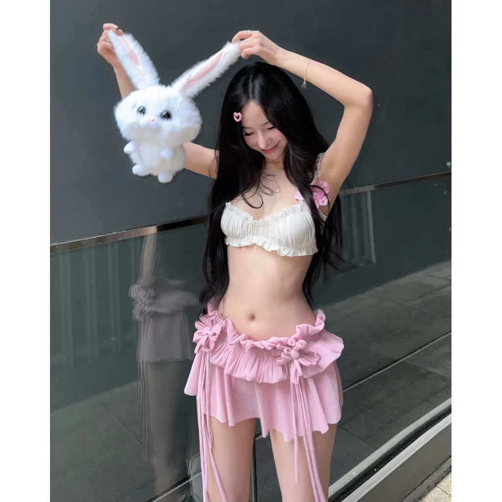 550 - Set Áo Croptop Hai Dây + Chân Váy Bèo Đính Hoa Cao Cấp