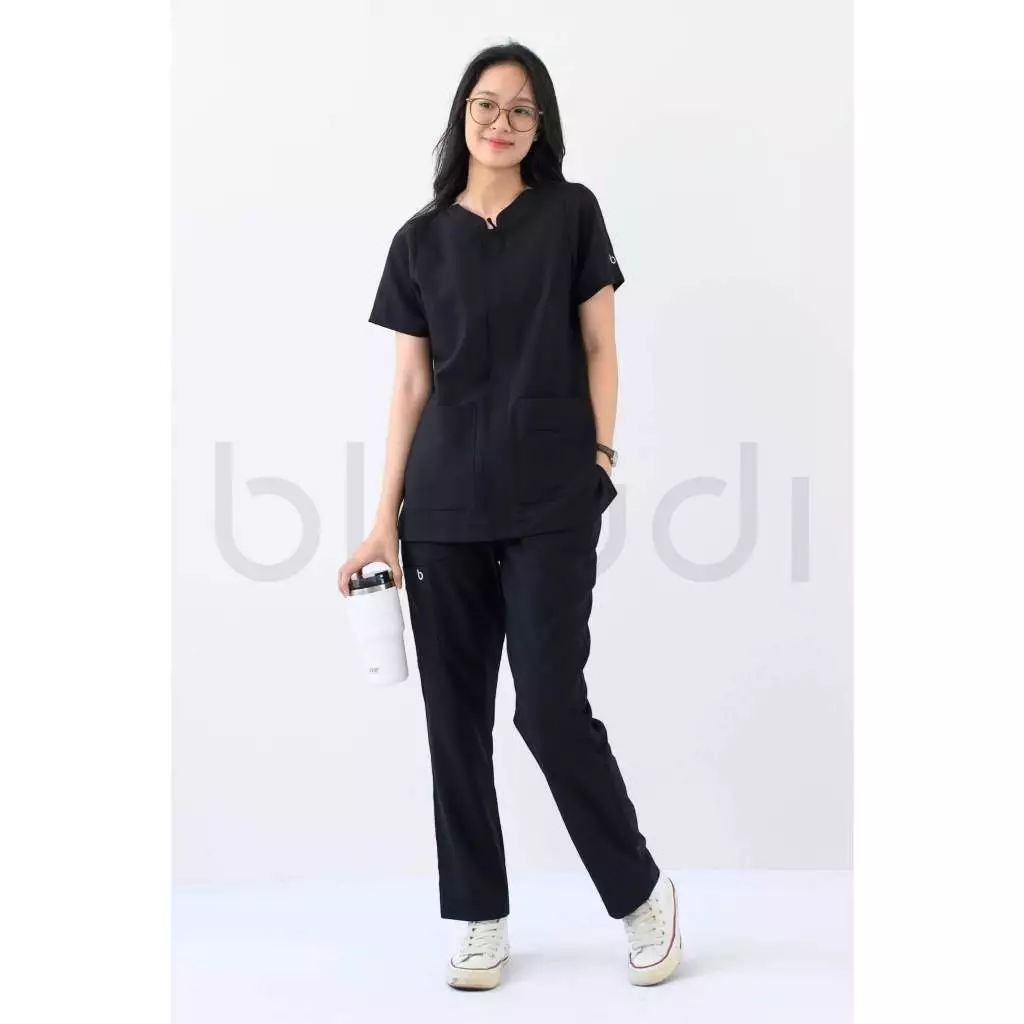 Bộ Scrubs Bác Sĩ Nữ Bloudi Zip Up Tay Ngắn Cotton Cao Cấp dây kéo tiện lợi
